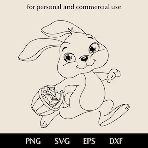 Cute Easter rabbit with basket full of eggs SVG, Cartoon running bunny png, eps, dxf, Spring smiling mascot clipart, Holiday spirit lineart