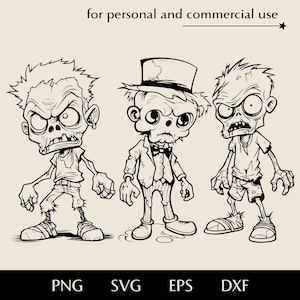 Pakiet uroczych zombie-chłopców SVG, Halloween przyjazne dzieciom straszne postacie png, eps, dxf, urocze zabawne nieumarłe potwory dzieci wektor clipart