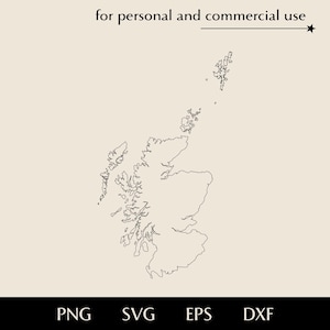 Puede incluir: Un mapa en contorno negro de Escocia sobre un fondo beige. El texto "for personal and commercial use" está encima del mapa. Debajo, las abreviaturas de los tipos de archivo: PNG, SVG, EPS y DXF.