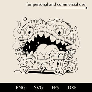 May include: A black and white line art illustration of a cartoon monster chest with a toothy grin, flames, and a chain. The chest is open and has a keyhole.