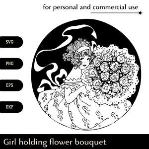 花束を持った子供 SVG、バラの花束を持った豪華なドレスを着たかわいい女の子 png、eps、dxf、丸い挨拶クリップアート デジタルダウンロード