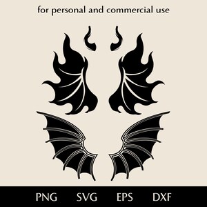 May include: Black digital art featuring four sets of fantasy elements: two pairs of wings, two flame-like shapes, and two curved horns. The text "for personal and commercial use" is at the top. The file types are listed at the bottom: PNG, SVG, EPS, and DXF.