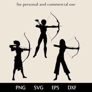 Female archer silhouette SVG, Woman with bow and arrow png, eps, dxf, Girl pulls bowstring vector, Archery sport clipart, Fantasy girl logo