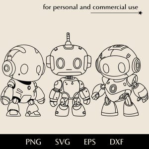 Könnte beinhalten: Drei Roboter-Illustrationen in schwarzer Strichzeichnung auf beigem Hintergrund. Die Roboter haben unterschiedliche Kopf- und Körperdesigns. Der Text oben lautet "for personal and commercial use". Darunter stehen Dateityp-Labels: PNG, SVG, EPS und DXF.