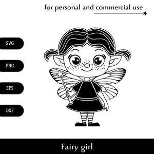 Schattig sprookjesmeisje met toverstaf en vlindervleugels SVG, sproeten elf in gestreepte panty's png, eps, dxf, sprookjesachtige elf met grote ogen clipart