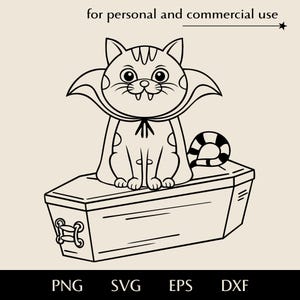 Peut inclure: Illustration en noir et blanc d'un chat déguisé en vampire, assis sur un cercueil. Le chat a des crocs, une cape et une queue rayée. L'image comprend le texte "for personal and commercial use" et les options de type de fichier : PNG, SVG, EPS et DXF.