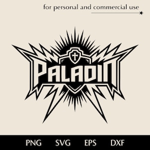 May include: Black and white graphic design of a shield with a cross inside and the word "PALADIN" in bold letters. The shield is surrounded by lightning bolts and a starburst.