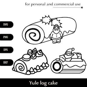 Czarno-biały pakiet ciasta Yule log SVG, rolada szwajcarska ozdobiona figurkami Świętego Mikołaja png, eps, dxf, deser świąteczny wektor Pobieranie cyfrowe
