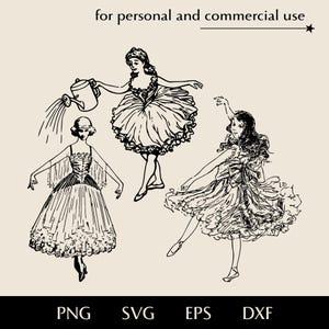 Lot SVG femme en robe duveteuse, ballerines old school png, eps, dxf, vecteur d'impression de danseuse vintage, clipart école de danse classique