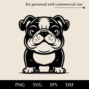 Lindo bulldog de pie en toda su altura SVG, perro de dibujos animados con cabeza grande png, eps, dxf, vector para amantes de los perros, clipart de mascota con expresión seria