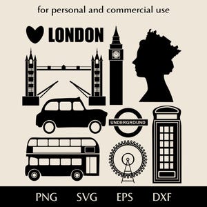 May include: Black and white London-themed graphic with iconic landmarks including Tower Bridge, Big Ben, a double-decker bus, a black cab, the London Eye, a telephone booth, and a silhouette of Queen Elizabeth II. Text includes "LONDON" and "UNDERGROUND".