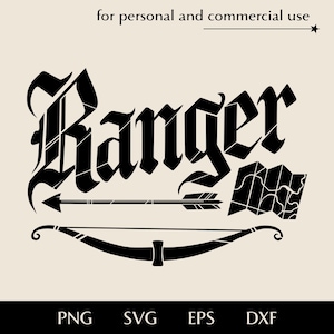 May include: Black and white graphic design of the word "Ranger" in a medieval font. A black arrow and bow are below the word, and a black and white map is to the right of the word.