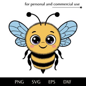 Cute smiling honey bee SVG, Cartoon insect with wings png, eps, dxf, Friendly kids mascot vector, Yellow striped clipart, Children's print