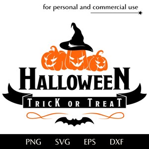 以下が含まれることがあります： ハロウィーンをテーマにしたグラフィックデザイン。オレンジ色のカボチャと黒い魔女の帽子が描かれています。「HALLOWEEN」の文字は太字の黒で、「TRICK OR TREAT」はバナーに表示されています。コウモリと装飾的な線がデザインを完成させています。