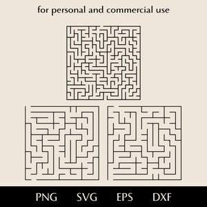 May include: Black line art mazes in square and rectangular shapes on a beige background. The text "for personal and commercial use" is at the top. The file types PNG, SVG, EPS, and DXF are listed at the bottom.