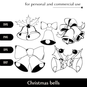 Paquete de campanas navideñas en blanco y negro SVG, linda decoración de Año Nuevo png, eps, dxf, conjunto de campanas navideñas vector, logotipo de vacaciones de invierno Descarga digital