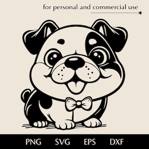 Funny cartoon bulldog SVG, Cute pup with big head in bow tie png, eps, dxf, British dog breed vector, Muscular mastiff logo, Smiling pet art