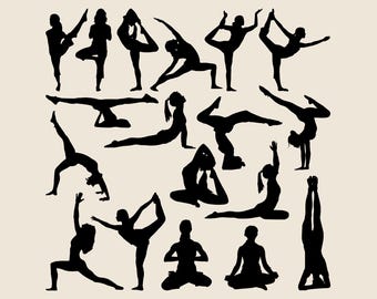 Silhouette of female yogini SVG bundle, Girl yoga standing sitting and lying down png, eps dxf, Simple complex asanas vector, Kundalini logo