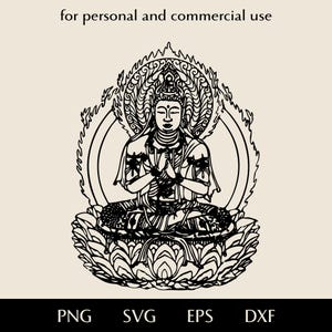 Puede incluir: Arte lineal en blanco y negro de una figura de Buda sentado en posición de loto, con las manos en oración. La imagen incluye el texto "for personal and commercial use" en la parte superior y abreviaturas de tipos de archivo en la parte inferior: PNG, SVG, EPS y DXF.