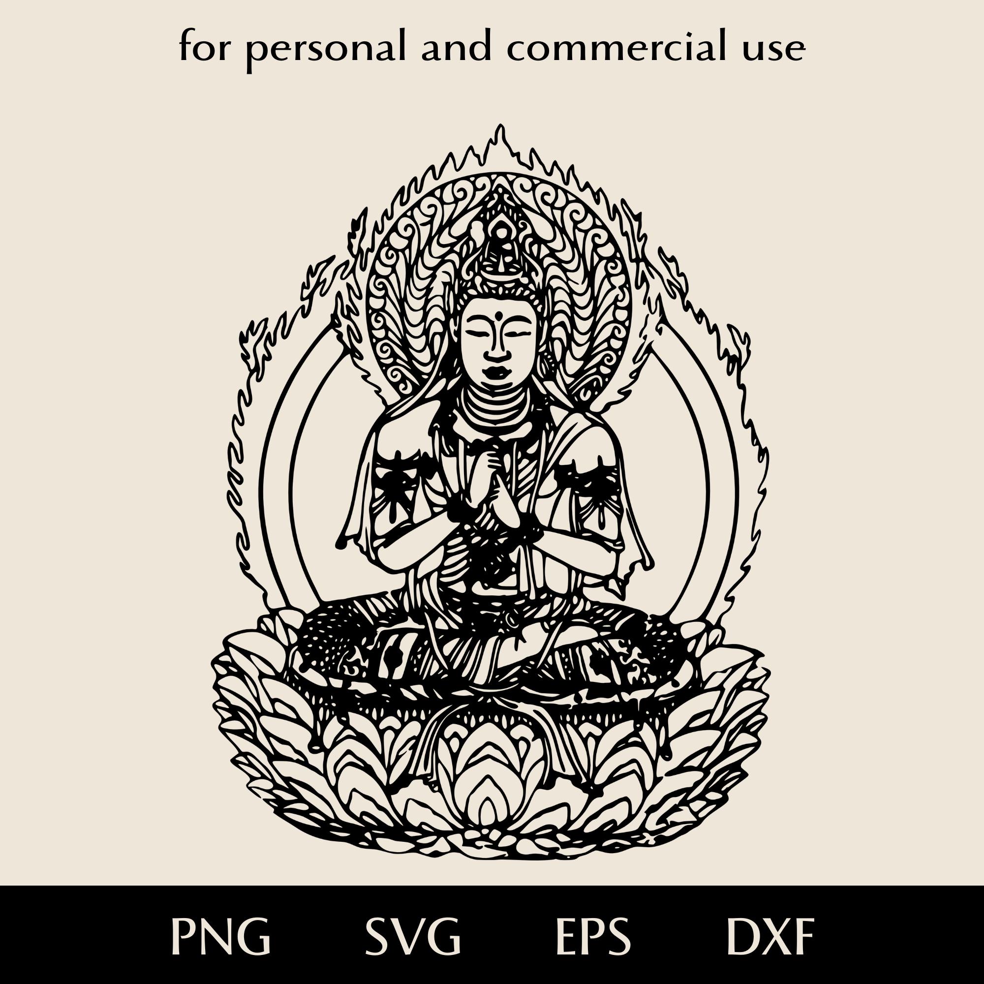 仏像SVG、蓮華座で瞑想する仏陀PNG、EPS、DXF、ゴータマ・シッダールタ