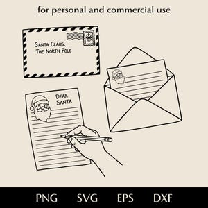 May include: Black and white line art illustration of Christmas-themed stationery. Includes an envelope addressed to Santa Claus, a letter being written, and an open envelope with a letter inside. The text "for personal and commercial use" is at the top.