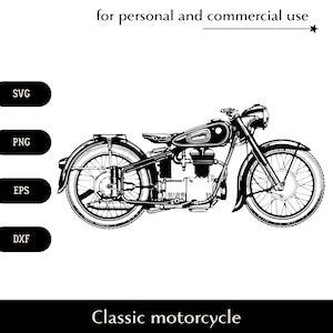 Clipart SVG di motocicletta classica in bianco e nero, png, eps, dxf di motocicletta retrò, vettore dettagliato di cruiser, logo del club di motociclisti Download digitale