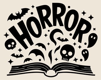 Open horror book with ghosts, skulls and bats SVG, Scary literature png, eps, dxf, Vector with text for book lovers, Bookstore library logo