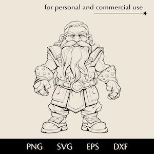 Starke muskulöse Zwerg in Arbeitskleidung SVG, Bärtiger düsterer Zwerg png, eps, dxf, Charaktererstellung im Brettspiel vektor, magisches Fantasy-Rennen