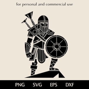 以下が含まれることがあります： 盾と槍を持った戦士の白黒ベクターイラスト。画像には「for personal and commercial use」というテキストと、ファイルタイプのオプション（PNG、SVG、EPS、DXF）が含まれています。