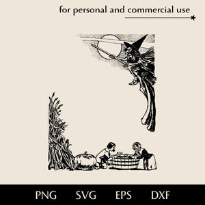 夜空にほうきに乗った魔女のハロウィーンフレーム SVG、休日の前夜 png、eps、dxf、トウモロコシ畑でリンゴを浮かべて遊ぶ子供たちのベクター画像