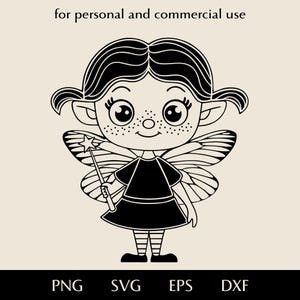 Linda hada con varita mágica y alas de mariposa SVG, duendecillo pecoso con medias a rayas png, eps, dxf, elfo de cuento de hadas con ojos grandes clipart