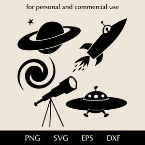 Astronomie SVG Bundle, Teleskop Galaxie und Planet png, eps, dxf, Astronaut in Rakete und UFO Vektor, Fantastische Weltraumforschung Clipart