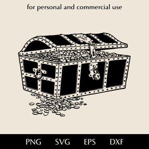 Open chest with broken lock and gold coins SVG, Ancient pirate treasure trunk png, eps, dxf, Fantasy adventures and fairy tales vector logo