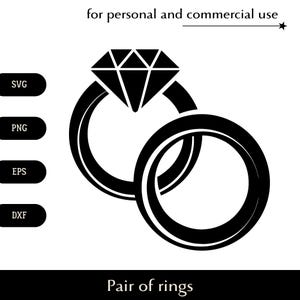 Zwart-wit paar trouwringen SVG, grote diamanten verlovingsring png, eps, dxf, eenvoudige minimalistische vector, pasgetrouwde sieraden print logo