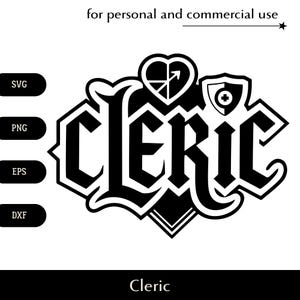 Clase clérigo DnD SVG, inscripción con restauración de salud y escudo png, eps, dxf, texto estilizado de juego de regeneración y protección vectorial