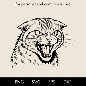 May include: A black and white line art illustration of a snarling cat head with bared teeth and whiskers. The text "for personal and commercial use" appears at the top, and the text "PNG SVG EPS DXF" is displayed at the bottom of the image.