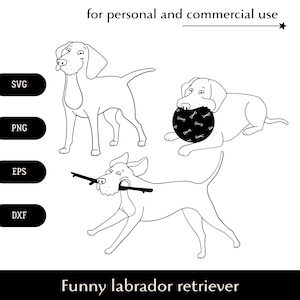 Zabawny labrador retriever bundle SVG, Słodki uśmiechnięty zwierzak z kreskówek png, eps, dxf, Pies bawi się piłką i nosi patyk wektor, Szczęśliwy zwierzak lineart