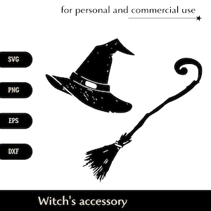 Accessoire de sorcière noir et blanc SVG, vieux balai tordu png, eps, dxf, clipart chapeau pointu minable, outils magiques d'Halloween Téléchargement numérique