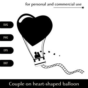 Coppia innamorata su palloncino a forma di cuore SVG, Mongolfiera con cuori e lunga scala png, eps, dxf, Appuntamento romantico tra le nuvole clipart