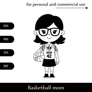 Maman de basket-ball en maillot numéroté SVG, mère au match de basket-ball png, eps, dxf, jolie fille de dessin animé avec vecteur de ballon, logo femme avec des lunettes