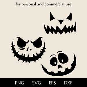May include: Three black graphic silhouettes of jack-o'-lantern faces on a light background. The text "for personal and commercial use" appears at the top, and "PNG SVG EPS DXF" is printed at the bottom of the digital design file.