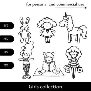 Cute girly images bundle SVG, Unicorn mermaid and bunny png, eps, dxf, Girl with book little princess shopping vector, Kids style clipart