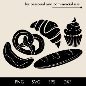 Gebakken goederen bundel SVG, eenvoudige bakkerij set vector, brood Croissant Cupcake Eclair Pretzel png, eps, dxf, heerlijk gebak set clipart-logo