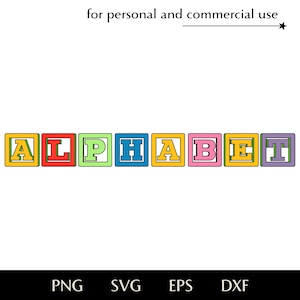 Peut inclure: Blocs de l'alphabet colorés épelant "ALPHABET", chaque lettre dans une couleur différente. Les blocs sont dans un cadre carré avec une bordure jaune. L'image comprend également le texte "for personal and commercial use" et les options de type de fichier.