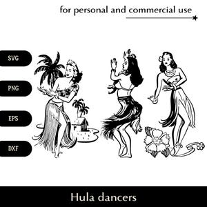 Pacote de dançarina de hula SVG, Meninas dançando dança havaiana png, eps, dxf, Mulheres em saia de folha kī top e lei floral vetor, Hula kahiko clipart