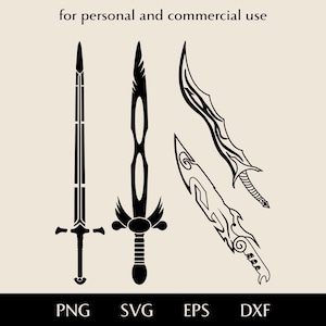 May include: Black line art illustrations of four different swords. The image includes the text "for personal and commercial use" at the top and file type abbreviations at the bottom: PNG, SVG, EPS, and DXF.