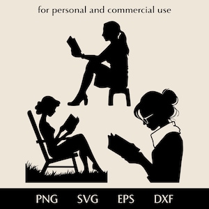 May include: Black silhouette illustrations of women reading books in various poses. One is seated on a stool, another in a chair, and the third is reading while wearing glasses. Text at the top reads "for personal and commercial use".