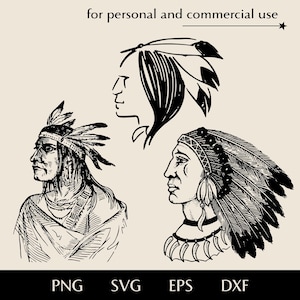 Native American profile bundle SVG, Indigenous Indian portraits in various styles png, eps, dxf, War bonnet and feathers in hair clipart