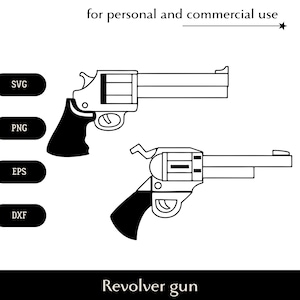 Schwarz & Weiß Revolver Pistole SVG Bundle, Six Shooters Colt Png, Eps, Dxf, einfacher Cartoon Stil Radpistole, Schusswaffe Line Art Logo