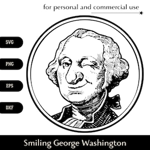 Czarno-biały Uśmiechnięty i mrugający George Washington SVG, Pierwszy prezydent portret kreskówka png, eps, dxf, Amerykańska wojna o niepodległość okrągła wektor